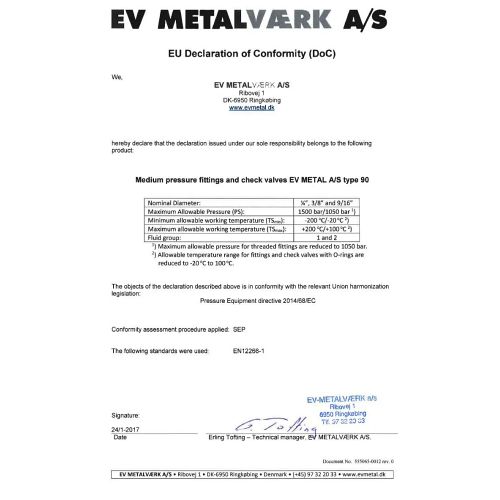 Check valve with O-ring and cone for hydrogen (901020-62)